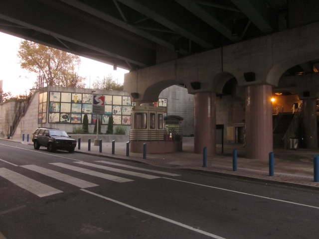 Underneath the Temple regional rail station on Berks Street