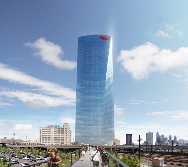 Rendering of the future FMC Tower from the entrance to Penn Park