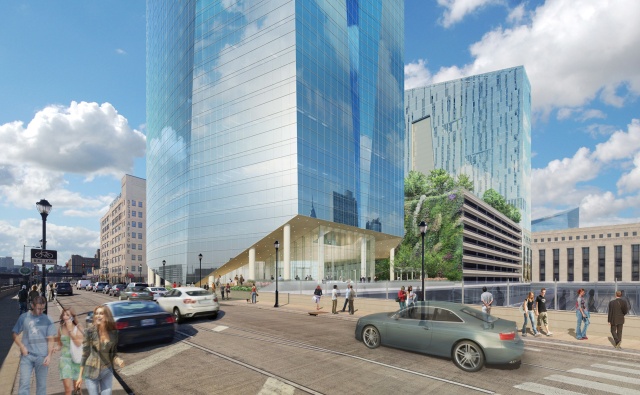 Rendering of lobby of the new FMC Tower, as seen from the Walnut Street Bridge