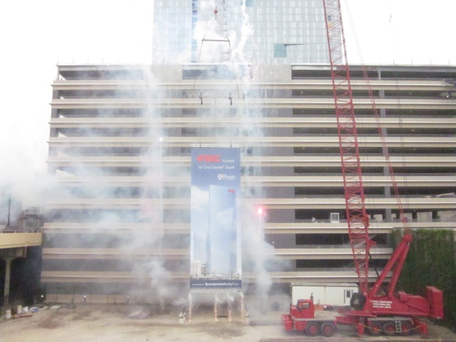 Fireworks after unveiling of banner of new FMC Tower at the groundbreaking ceremony