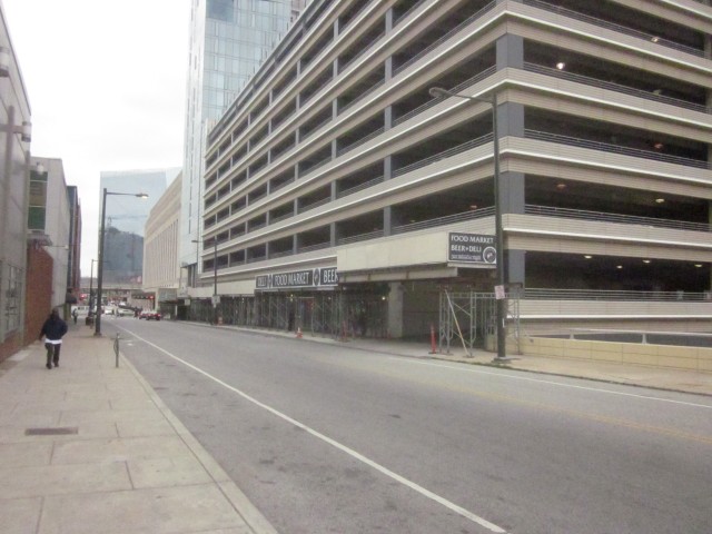Looking at the retail along 30th Street at the base of the parking garage